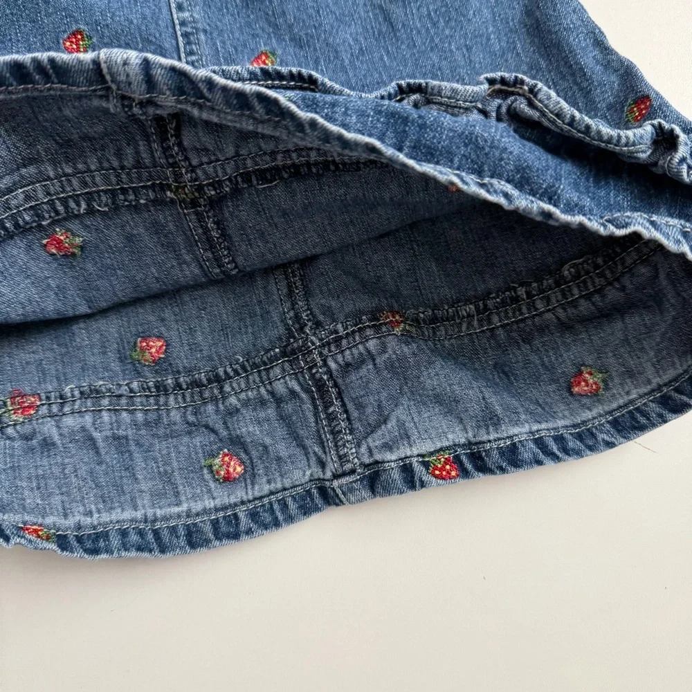Vintage Y2K OshKosh B'gosh Denim Dress Overalls Embroidered Strawberries Blue